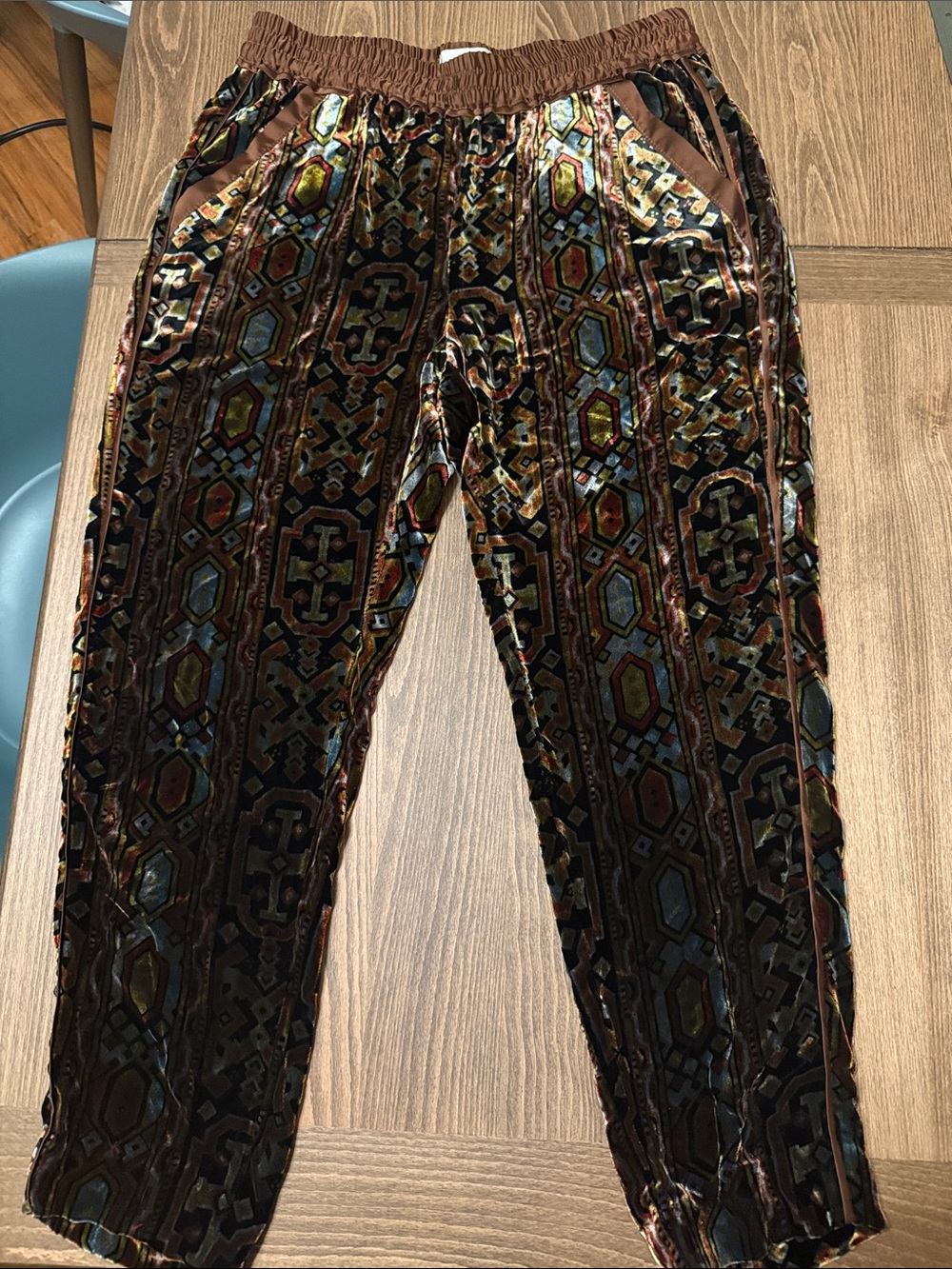 Anthropologie Velvet Jogger Pants in Brown, Olive & Gold